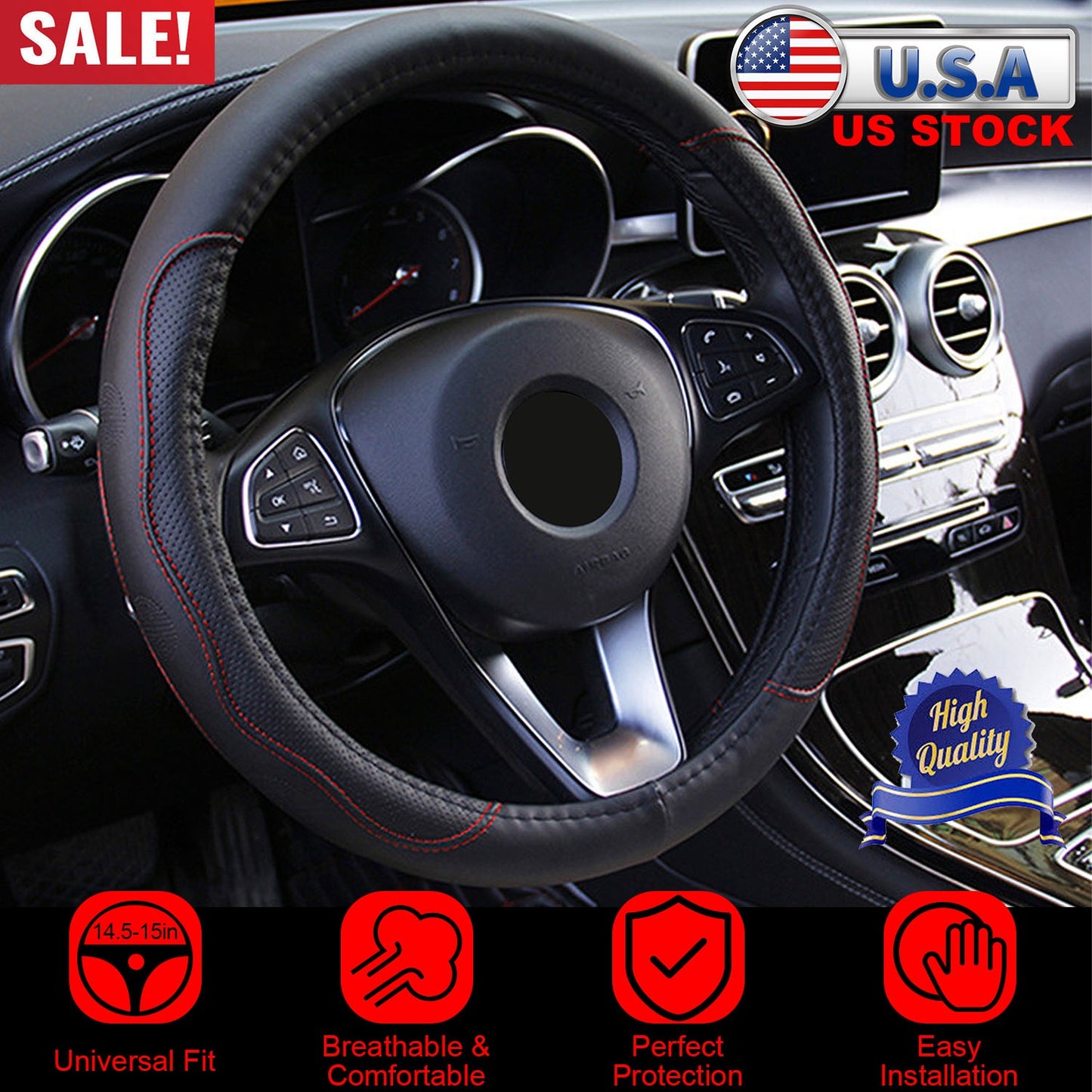 Steering Wheel Cover 14.5-15" Universal Fiber Leather
