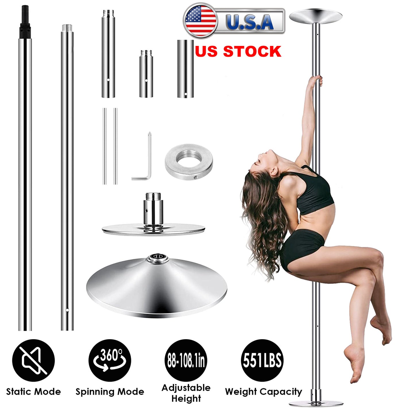 Dance Pole 45mm Spinning & Static Adjustable 88-108in