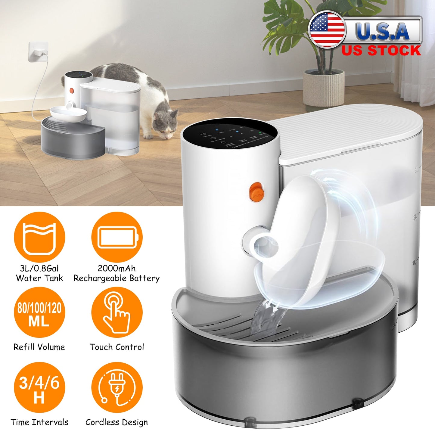 Automatic Pet Water Fountain 3L Cordless Self-Refilling Dispenser
