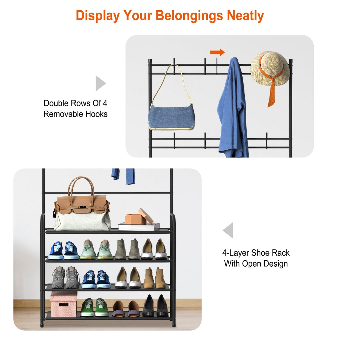 Entryway Coat Rack with 4-Tier Shoe Storage Shelf