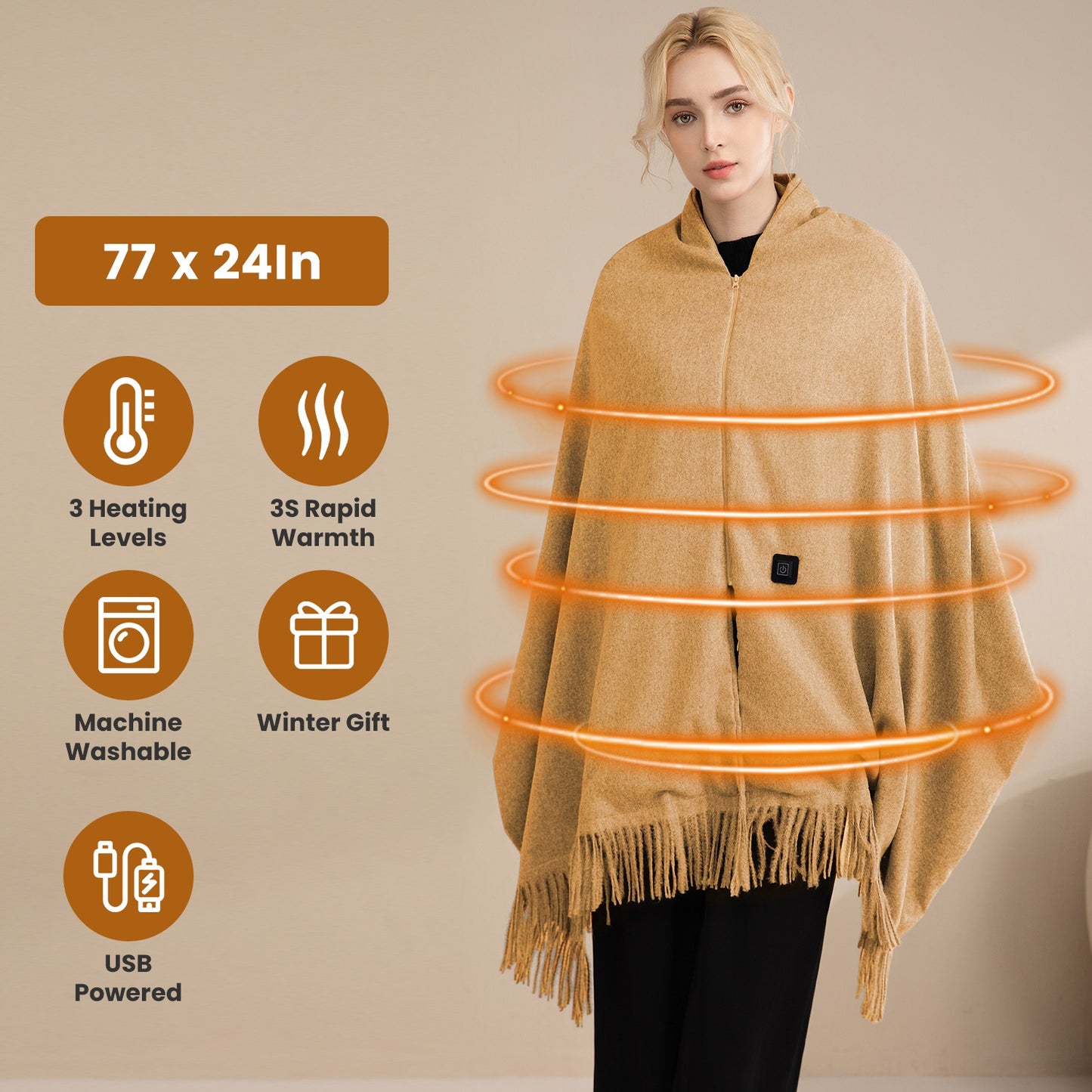 USB Heated Shawl with 3 Heat Levels and Zipper