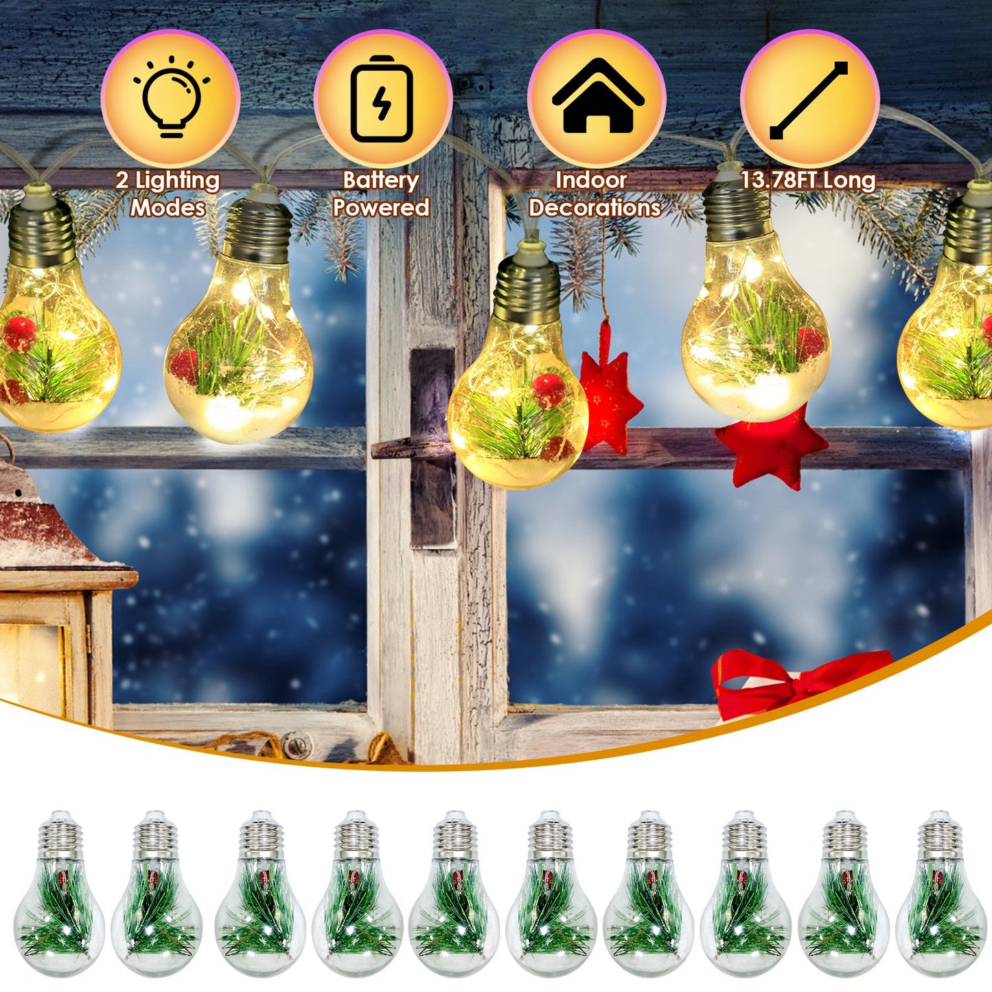 Snow Globe String Lights 10 LED Battery Powered Christmas Decor