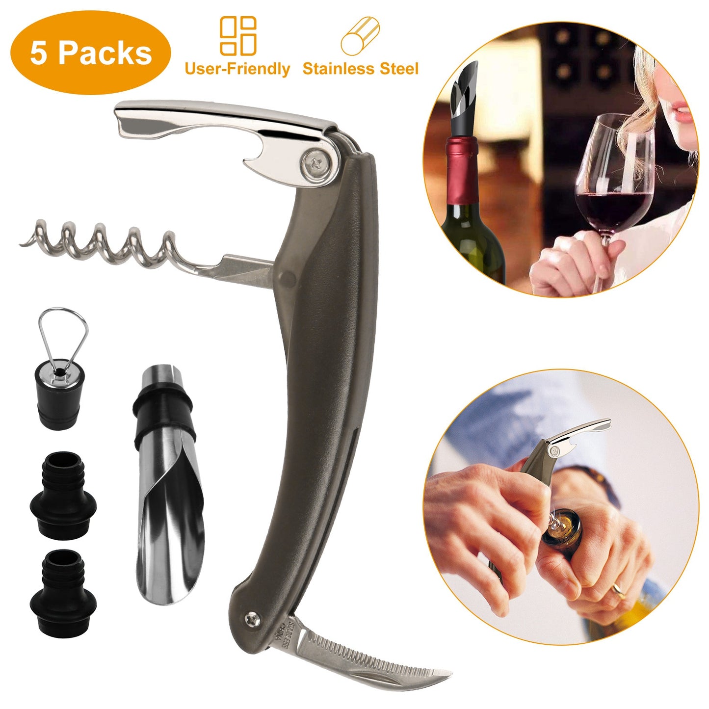 Wine Bottle Opener Set - 5 Piece Accessory Kit with Corkscrew