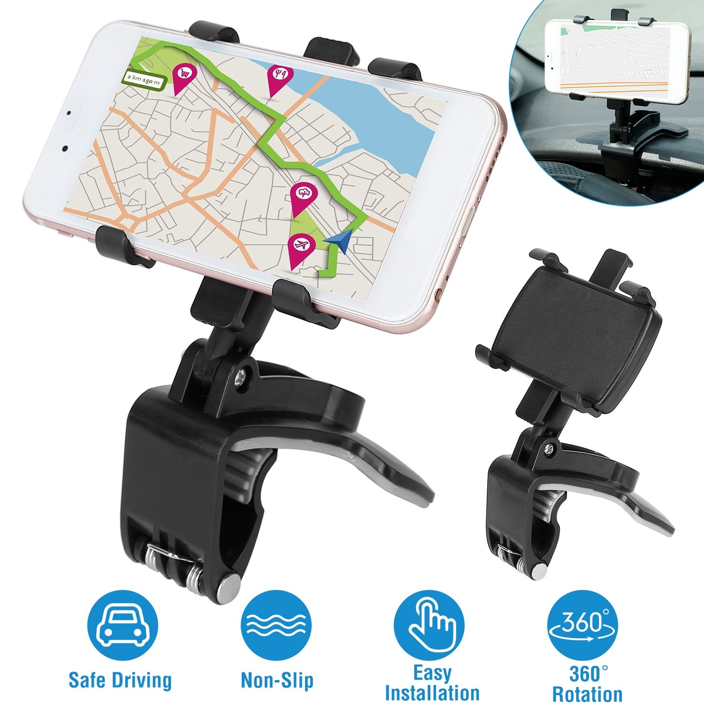 Dashboard Phone Holder with 360° Rotation for 3-7 Inch Phones
