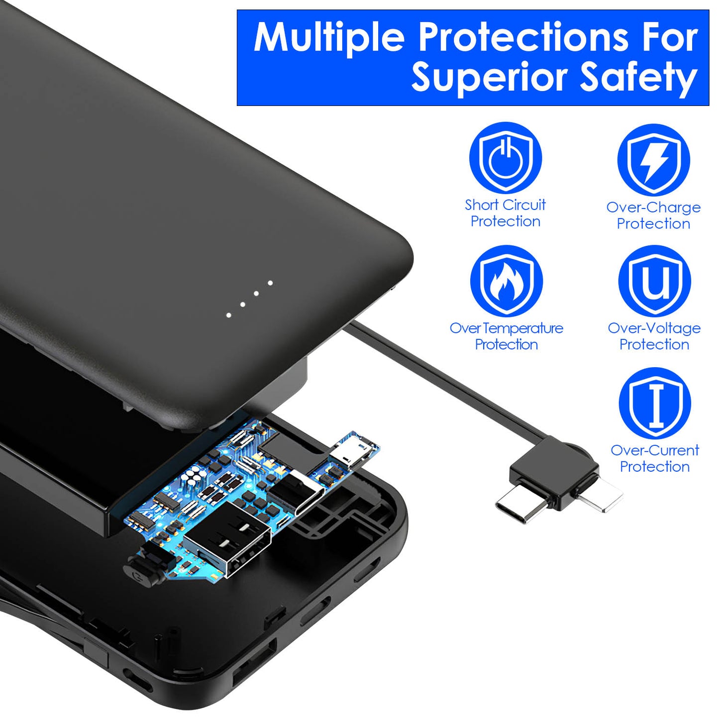 10000mAh Portable Power Bank with Built-In Cables