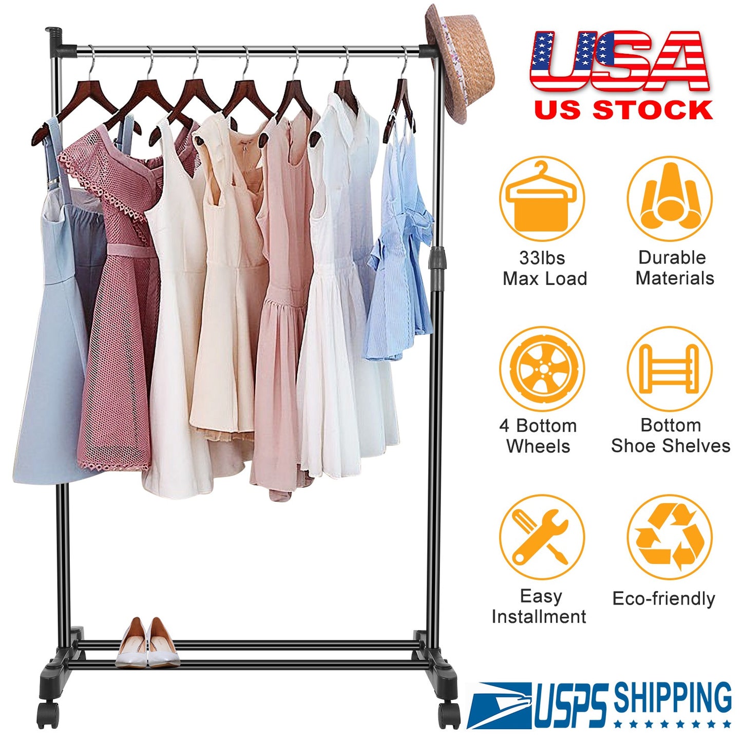 Adjustable Garment Rack with Wheels and Storage Shelf