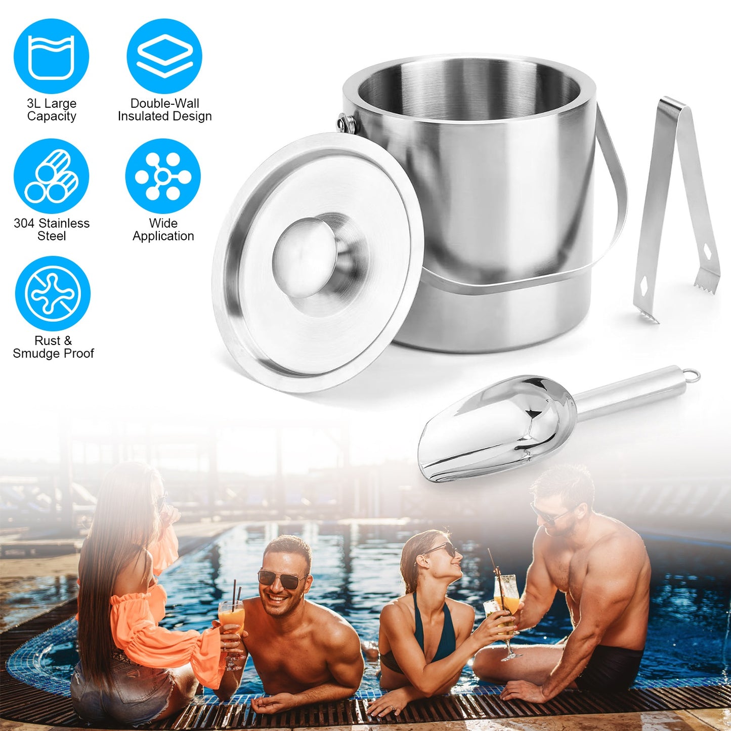 Insulated Ice Bucket 3L Double-Wall Stainless Steel with Lid