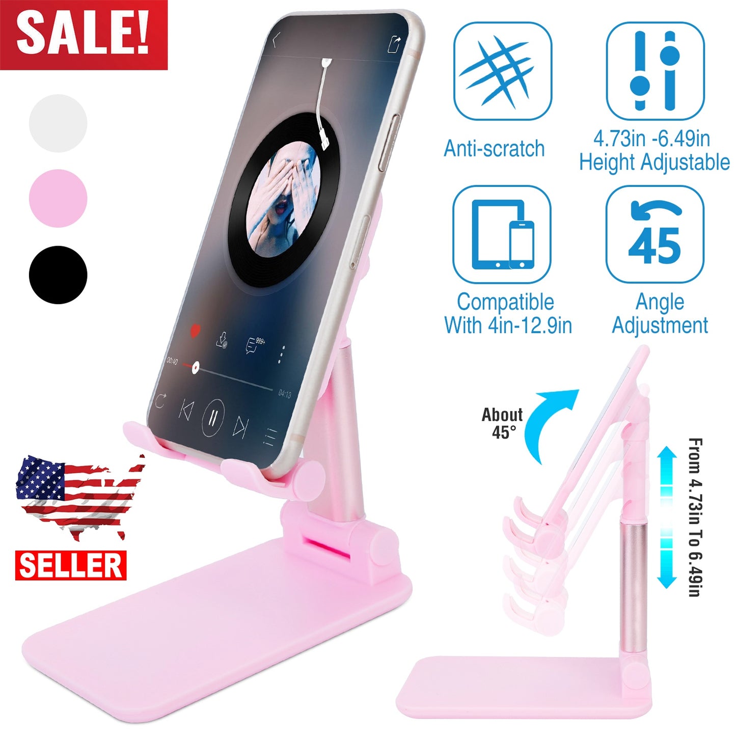 Adjustable Phone Stand for Desk with Mirror - 4-12.9 Inch