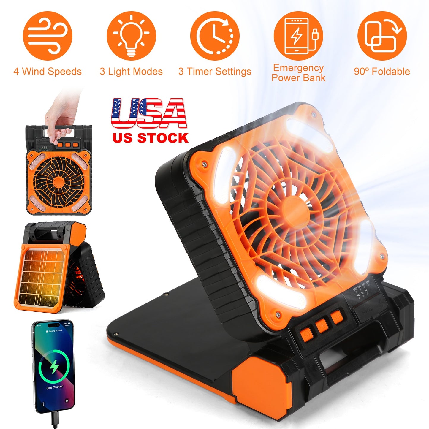 Solar Camping Fan with LED Lantern & 5200mAh Power Bank