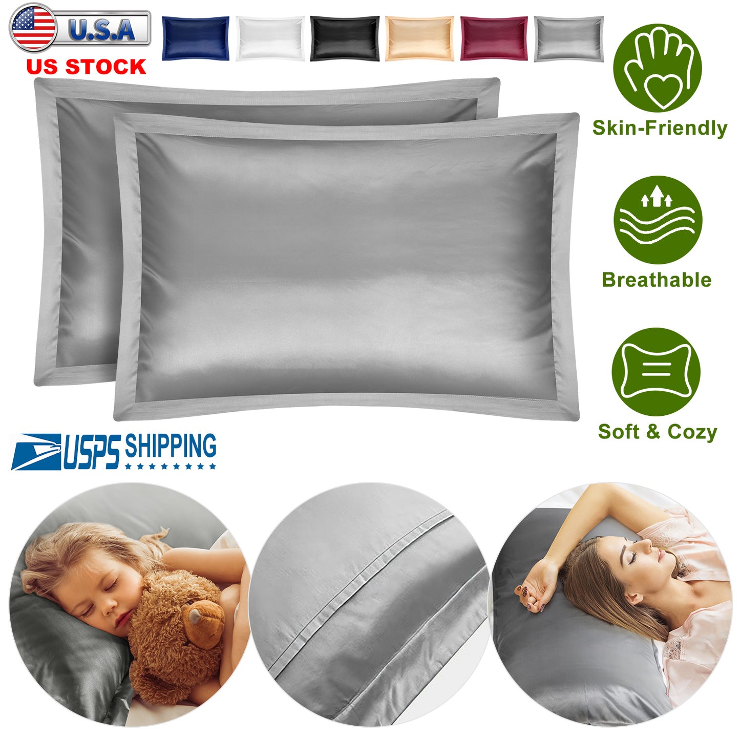 Satin Pillowcases Queen Size - 2 Pack Silky Smooth