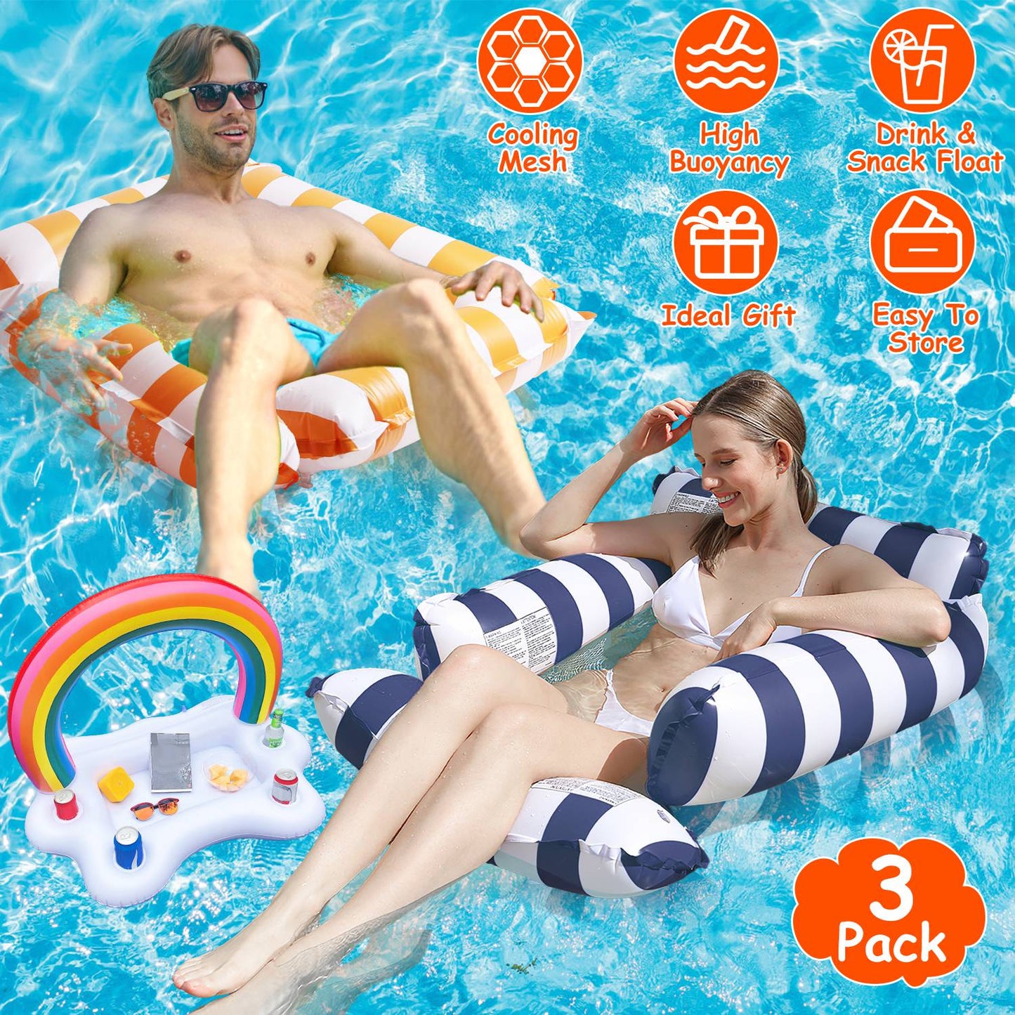 Inflatable Pool Float Set - 2 Hammocks & Drink Holder