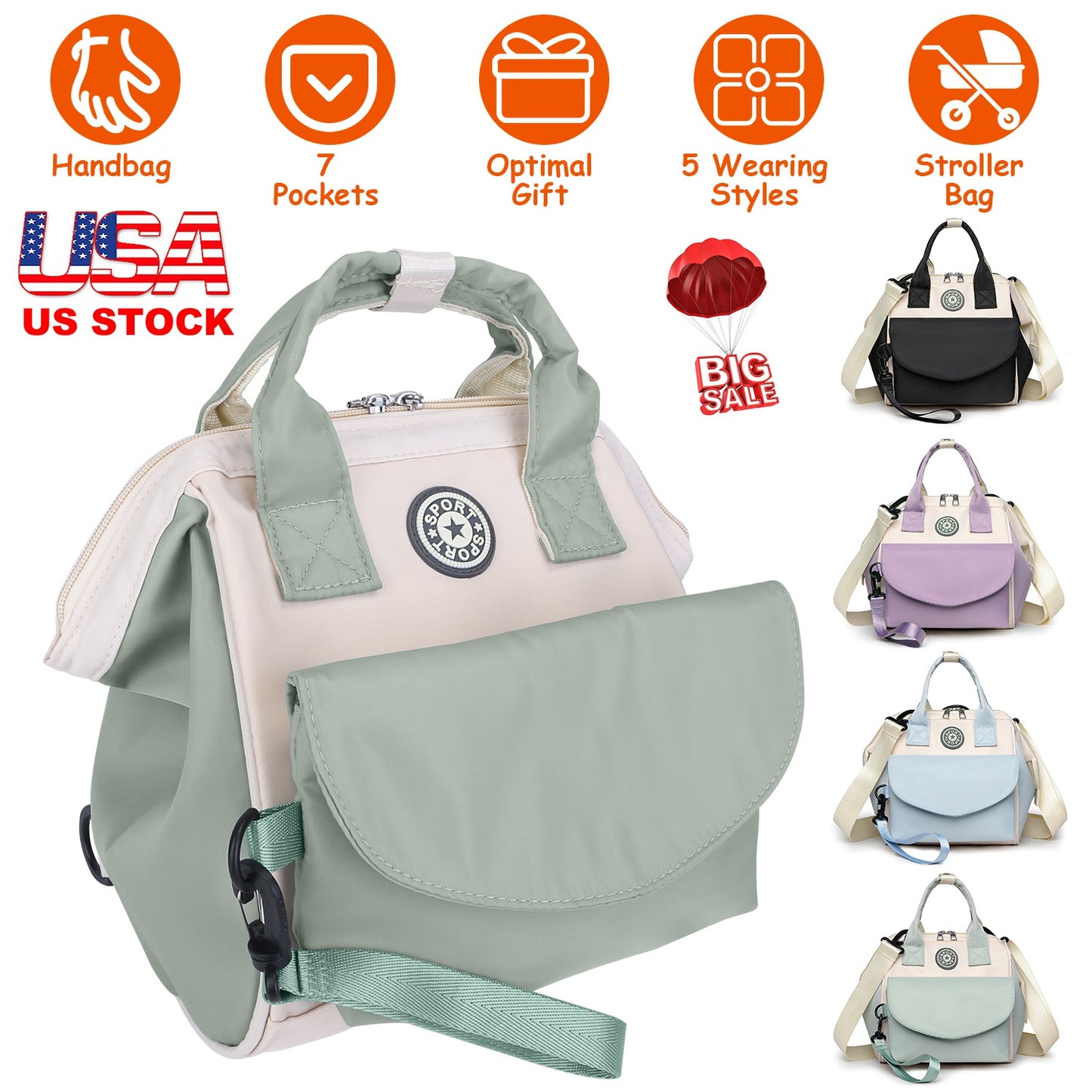 Diaper Bag with 6 Pockets and Detachable Small Bag