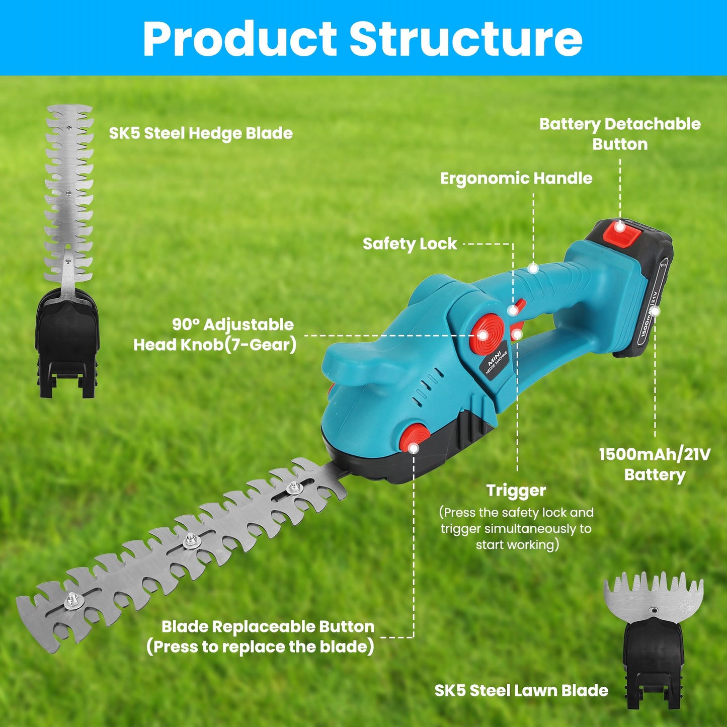 Cordless Hedge Trimmer with Telescopic Pole & Rotating Head