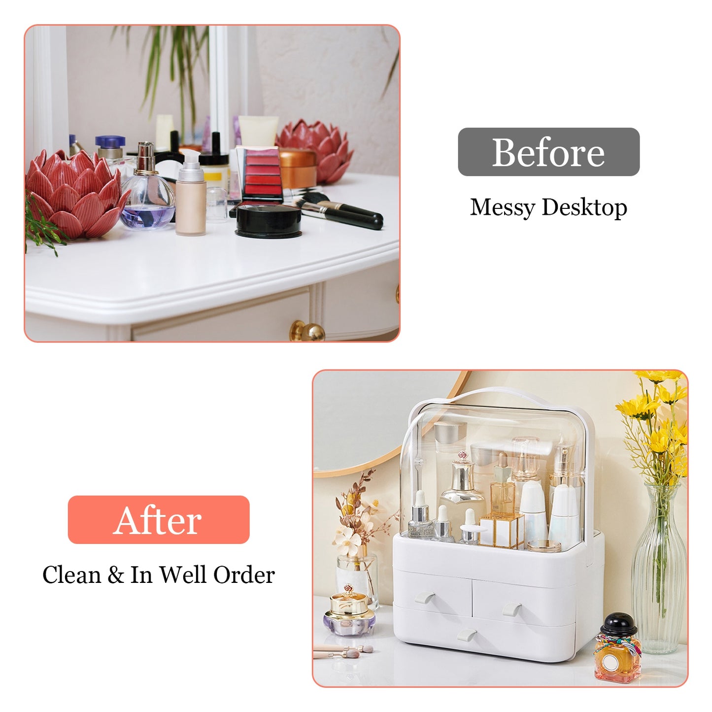 3-Tier Makeup Organizer with Dustproof Lid and Drawers