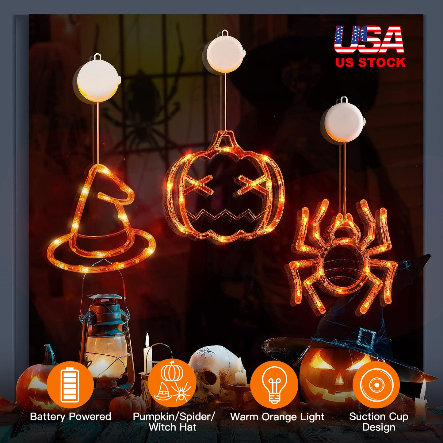 Halloween Window Light Set - Spider, Witch Hat & Pumpkin