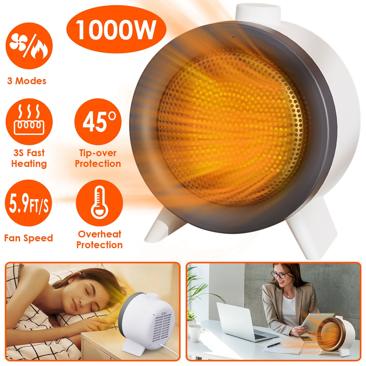 1000W Ceramic Space Heater with 3 Modes & Safety Shutoff