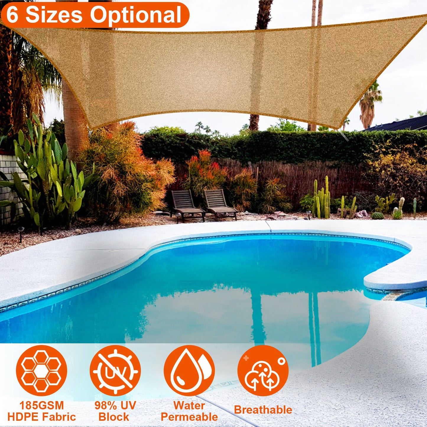 Rectangle Sun Shade Sail 98% UV Block HDPE Canopy with Ropes