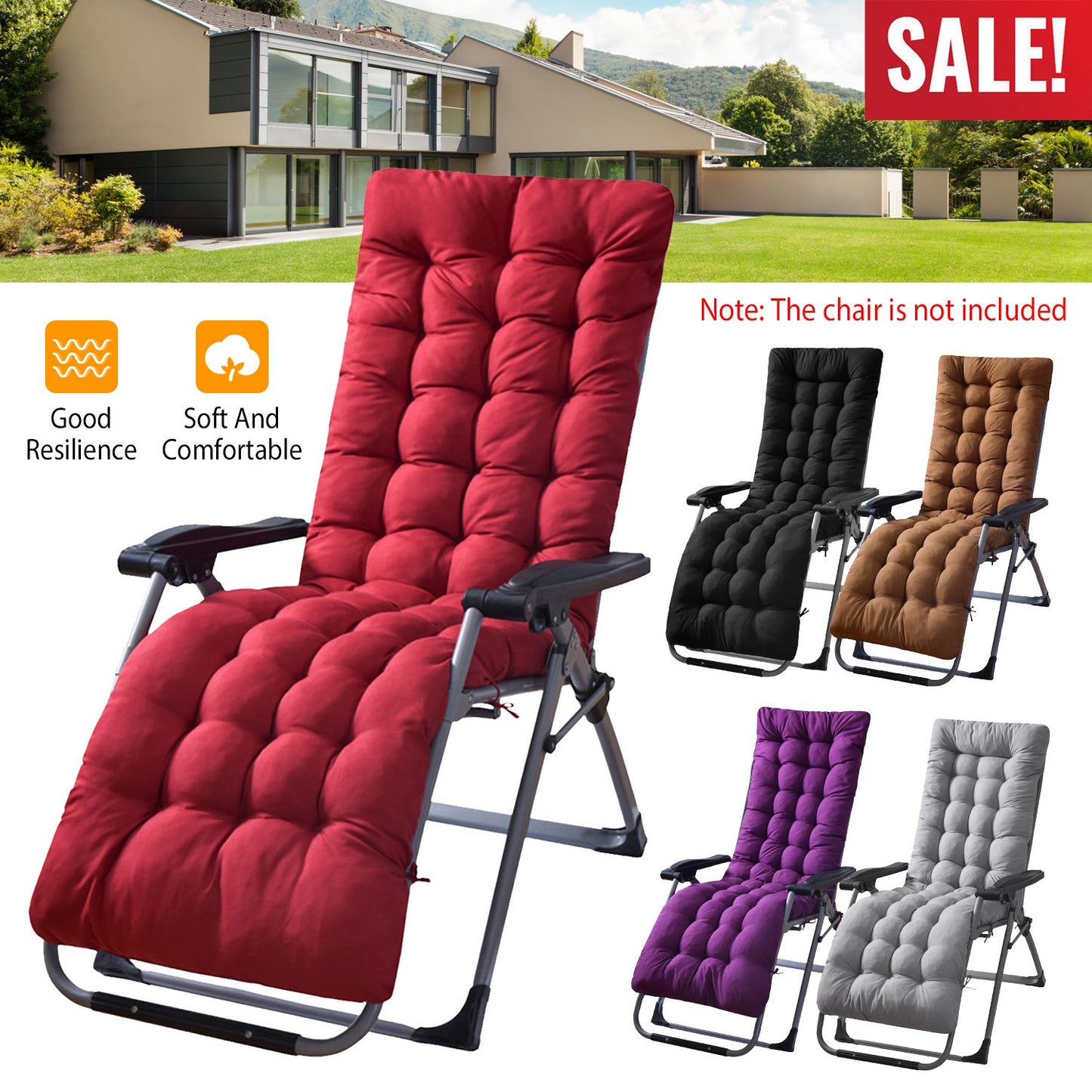 Chaise Lounger Cushion 67x22in with Secure Straps