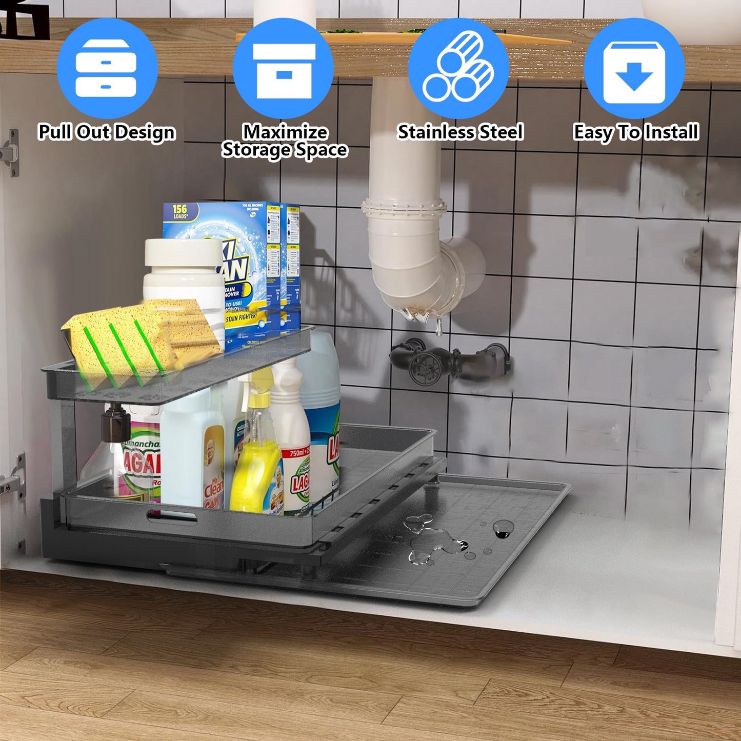 2-Tier Pull Out Under Sink Organizer with Sliding Drawer