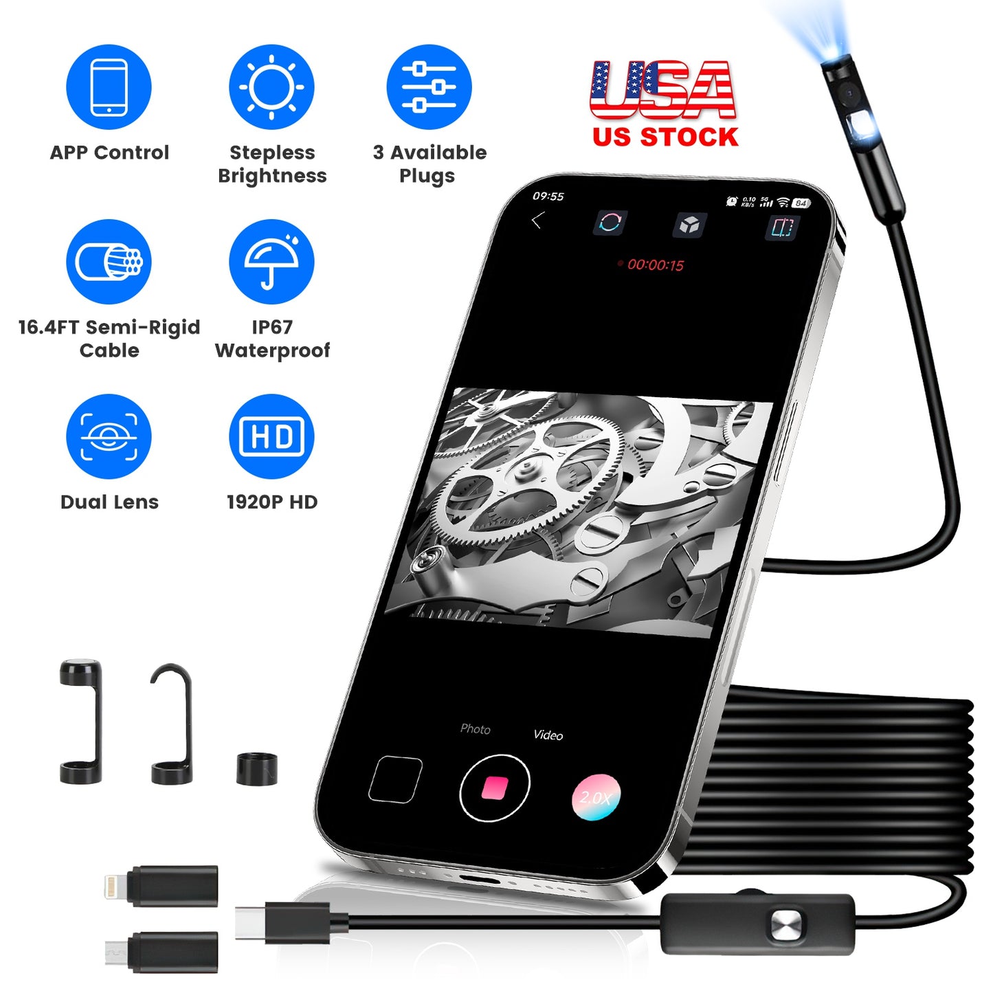 Endoscope Camera 1920P HD Waterproof with Dual Lens & 16.4ft Cable