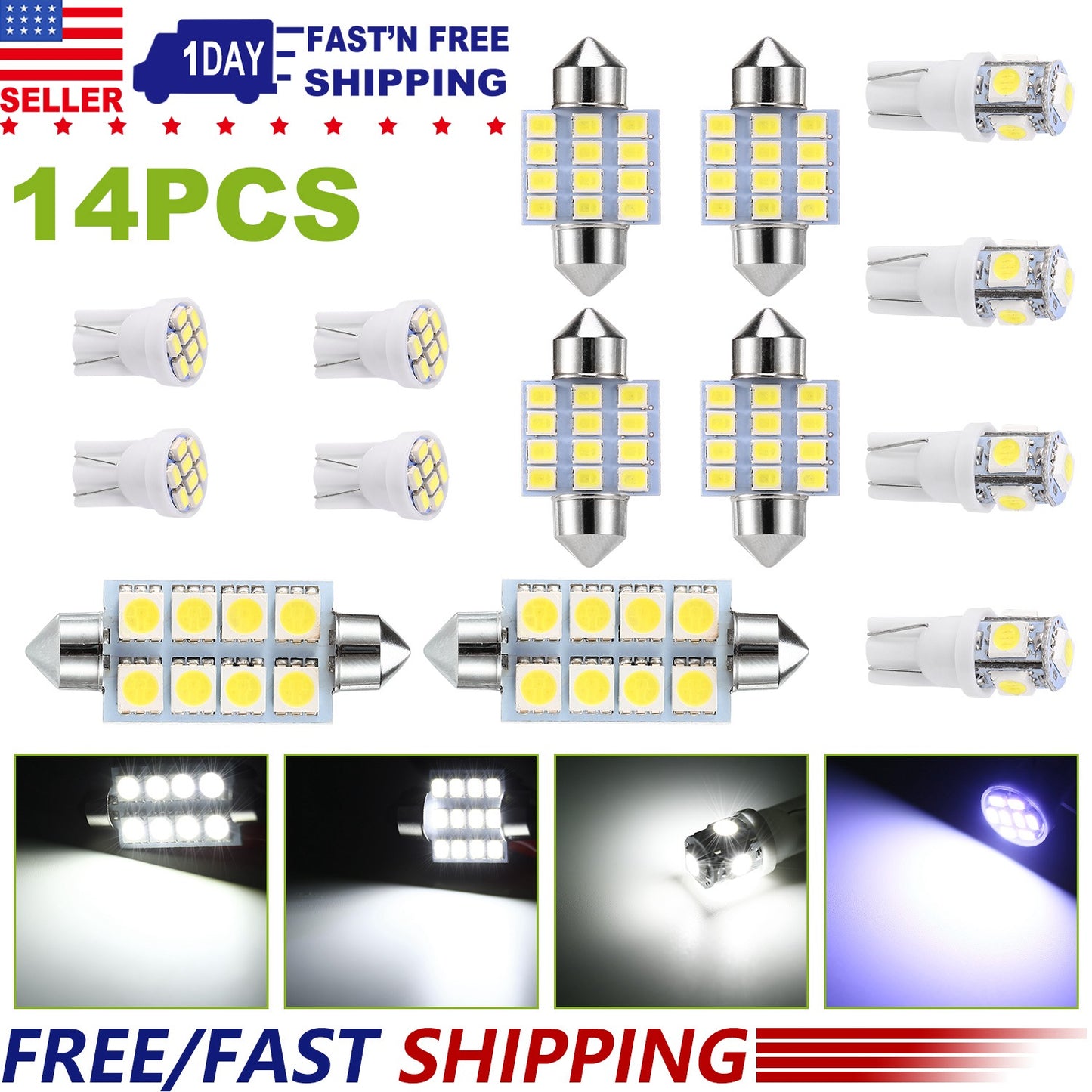 LED Interior Light Kit for Cars - 14 Piece Set, 6000K White