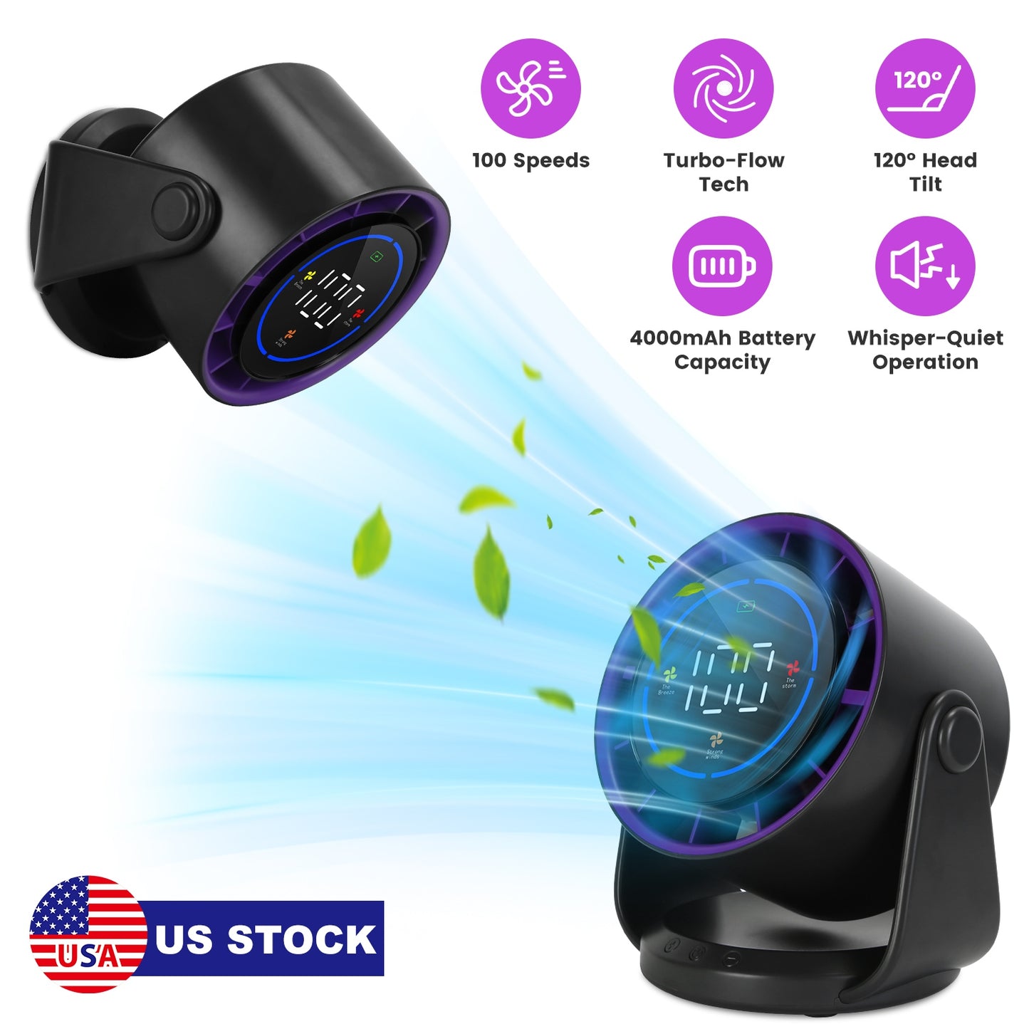 Rechargeable Desk Fan with 100 Speed Settings & Wall Mount
