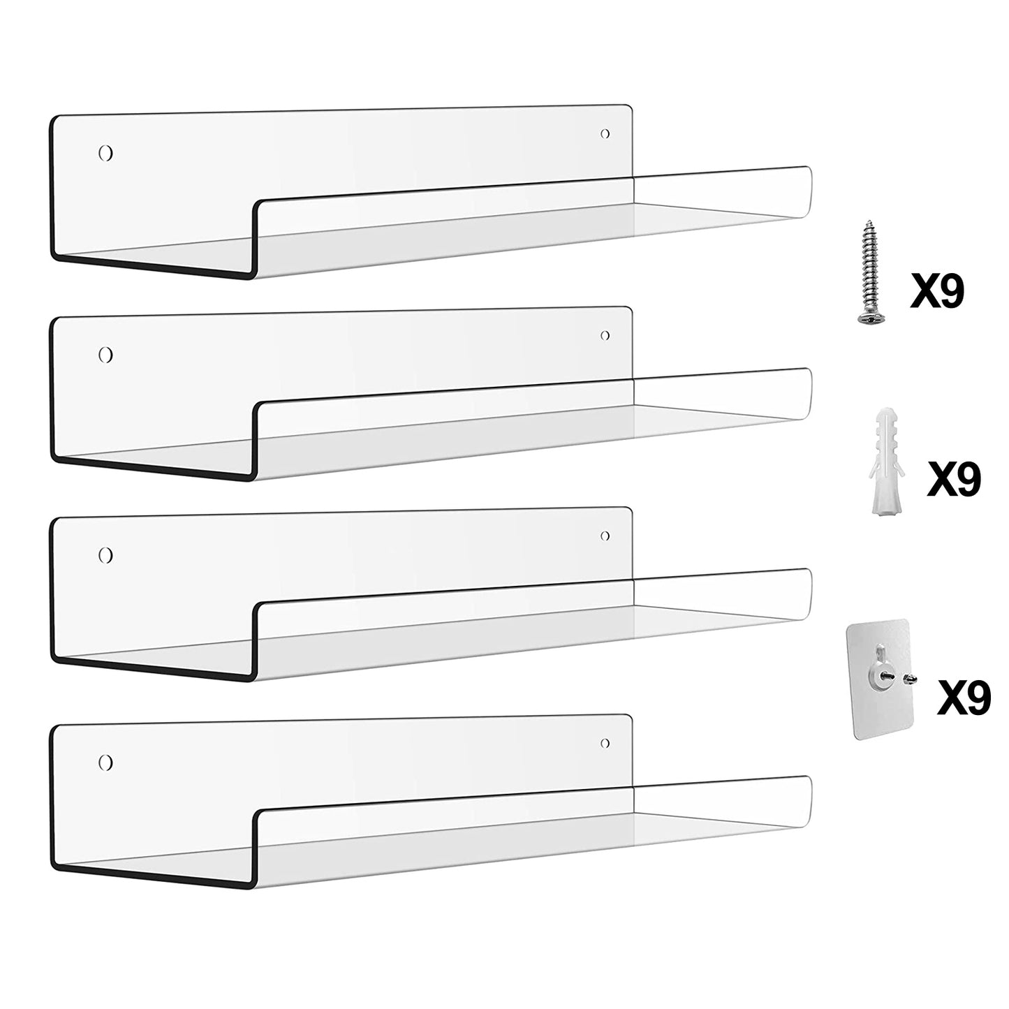 Clear Acrylic Floating Shelves 4 Pack - 15 Inch Wall Mounted