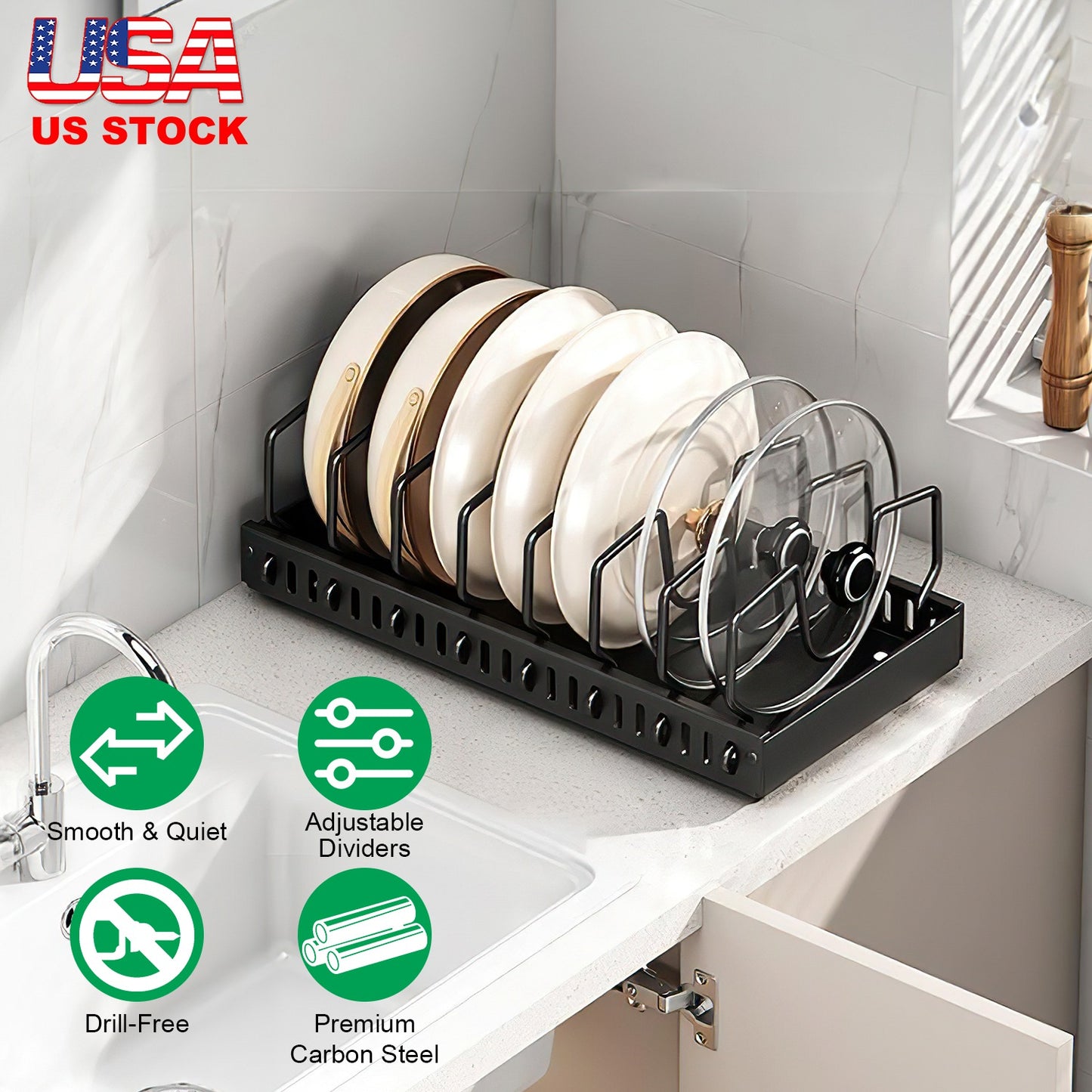 Pull Out Pots and Pans Organizer with 8 Adjustable Dividers