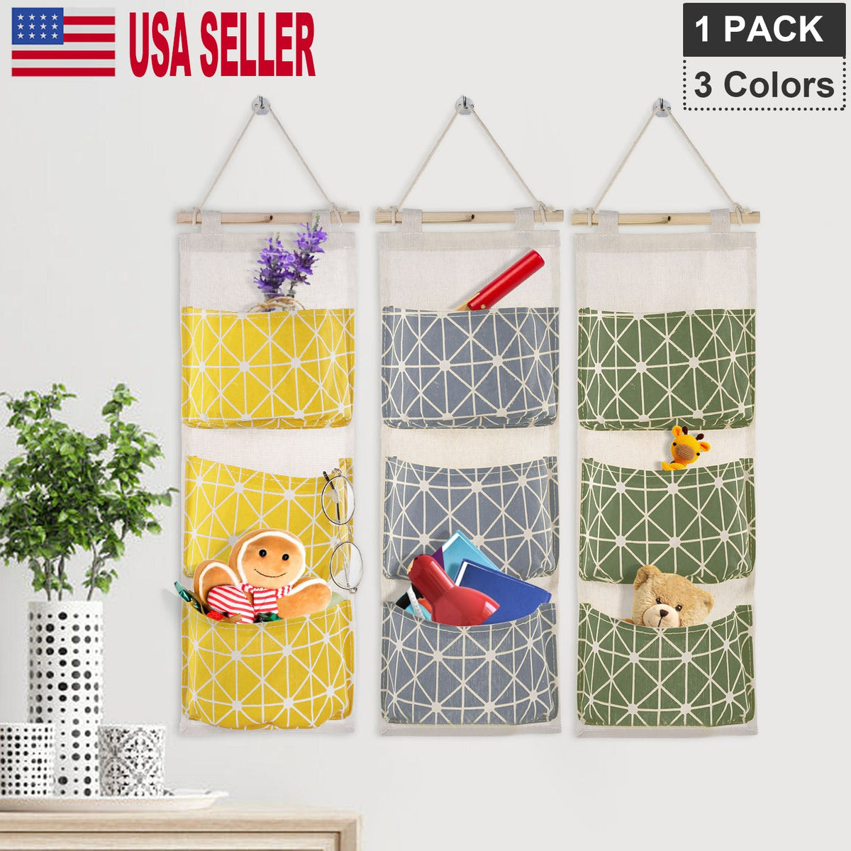 Wall Mounted Storage Bag Door Closet Hanging Storage Bag Organizer Waterproof 3 Pockets Pouch