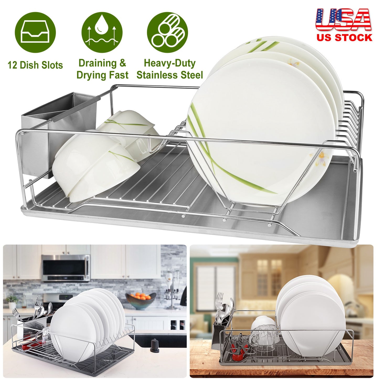 Stainless Steel Dish Drying Rack with Drainboard & Cutlery Holder