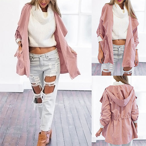 Women's Hooded Open Front Trench Coat - Lightweight Cotton Blend