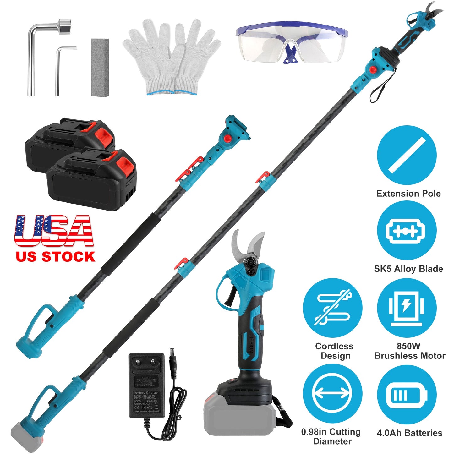 Electric Pruning Shears with 13ft Extension Pole & 2 Batteries