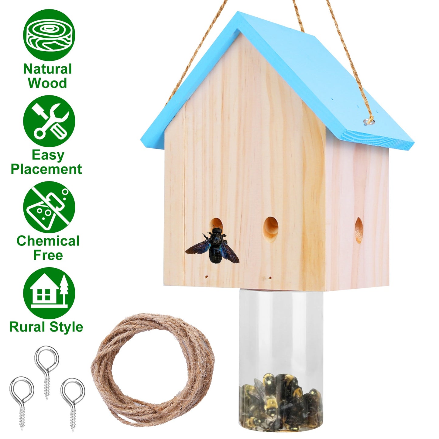 Carpenter Bee Trap - Natural Pine Wood Outdoor Hanging