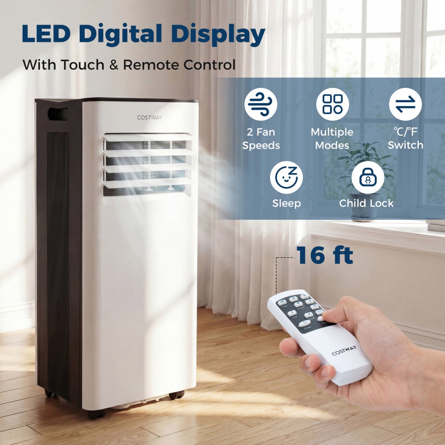 10000 BTU Portable Air Conditioner with Fan and Dehumidifier and LED Display