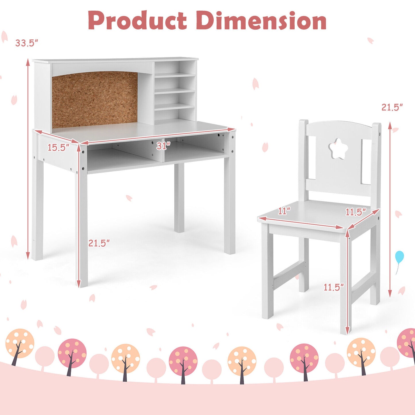 Kids Desk and Chair Set with Hutch and Bulletin Board