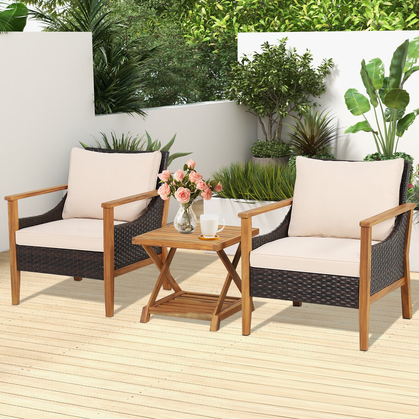 3-Piece Patio Conversation Set with Wicker Chairs & Side Table