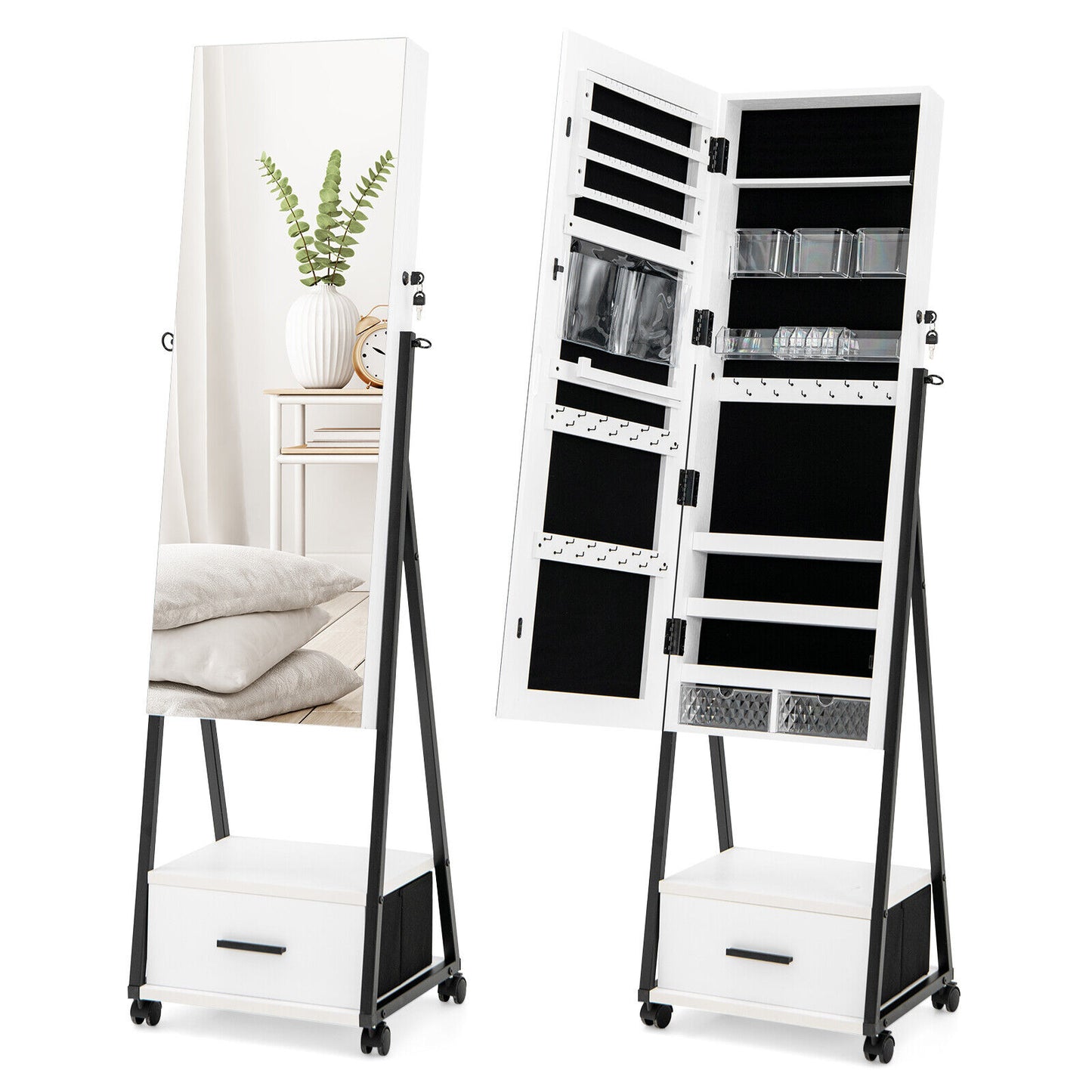 Jewelry Cabinet with Full Length Mirror and Storage Drawer