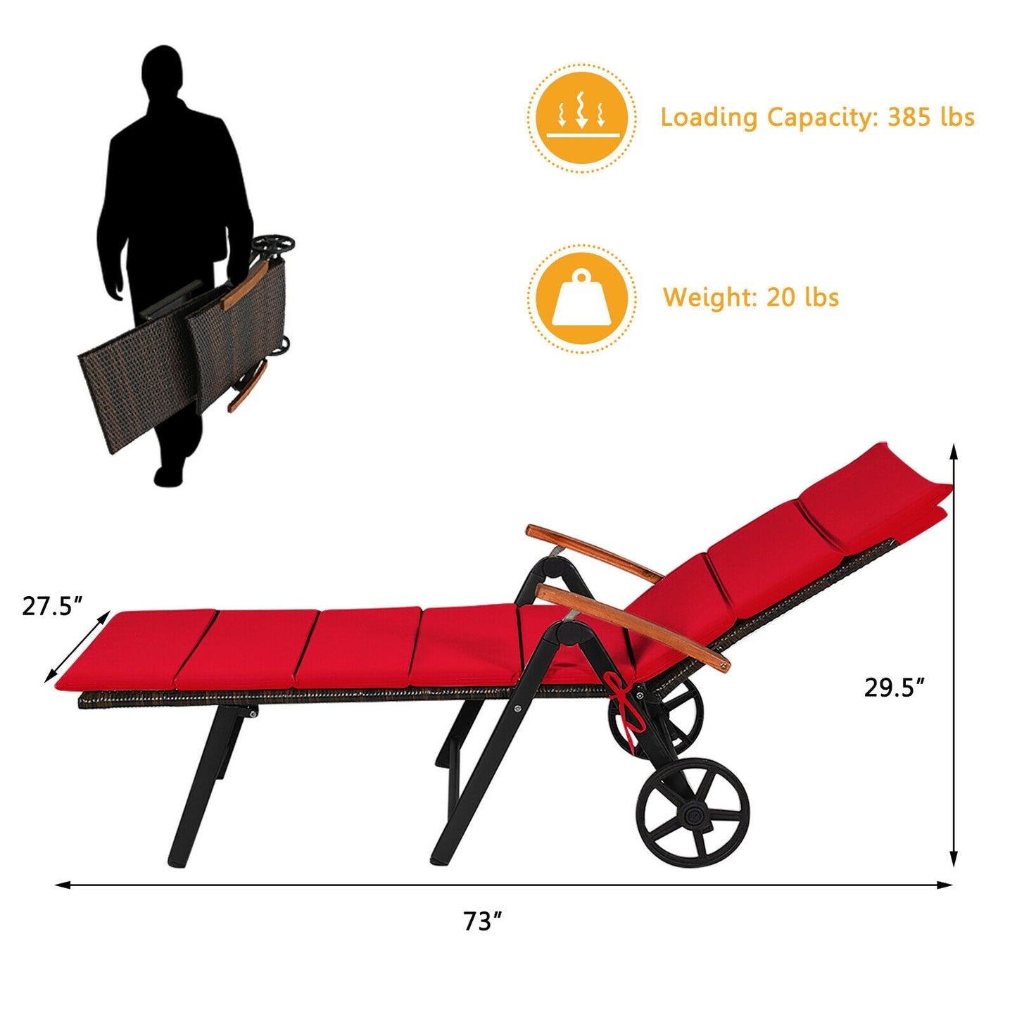 Folding Patio Chaise Lounge Chair with Wheels and Cushion