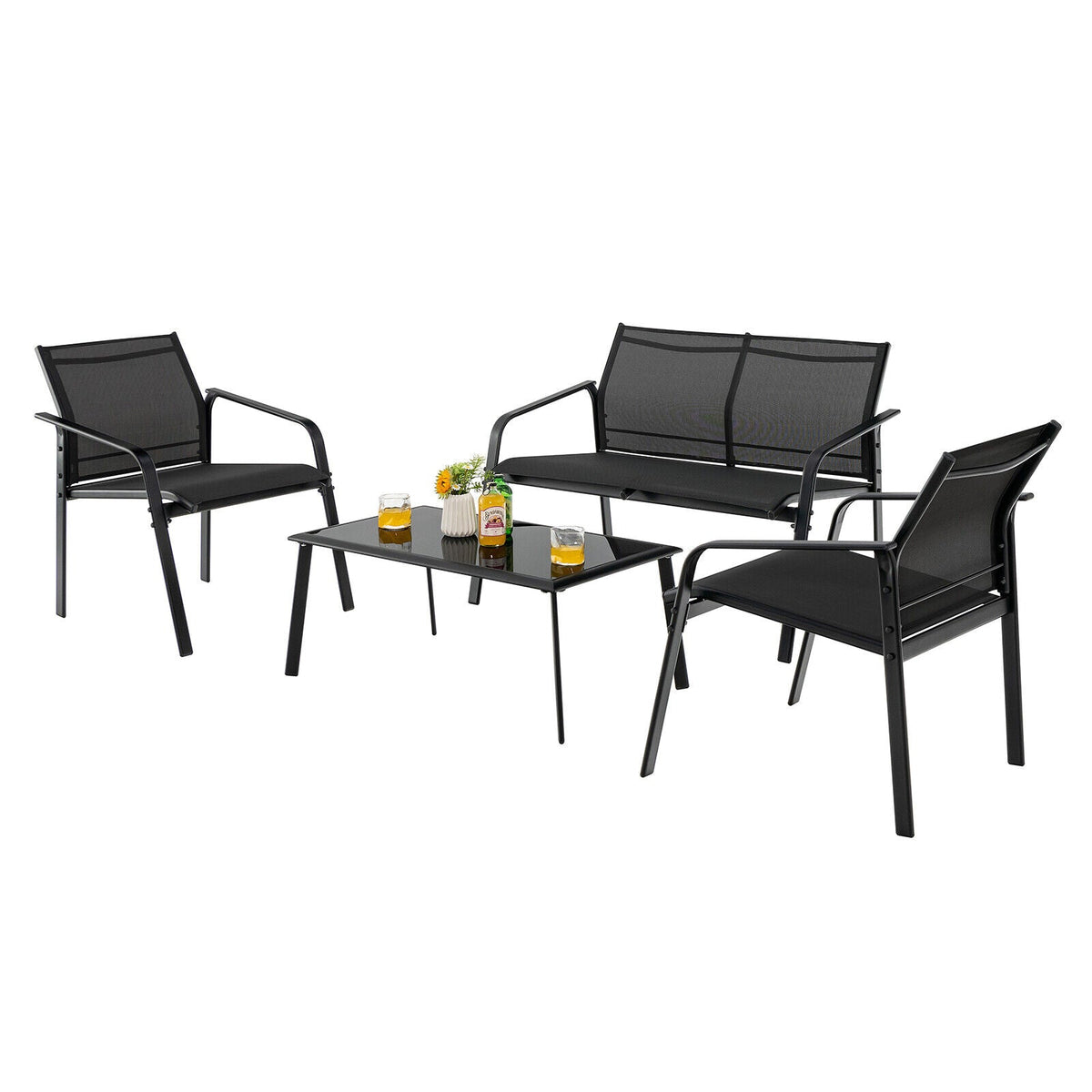 4 Pieces Patio Furniture Set with Armrest Loveseat Sofas and Glass Table Deck