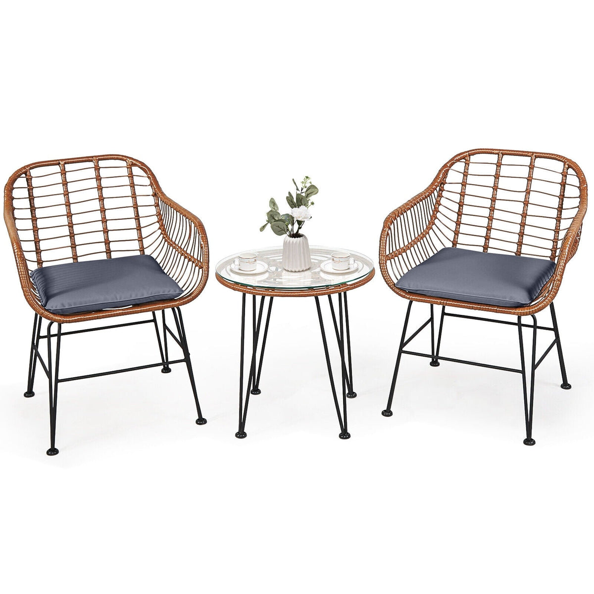 3 Pieces Patio Rattan Bistro Set with Cushion