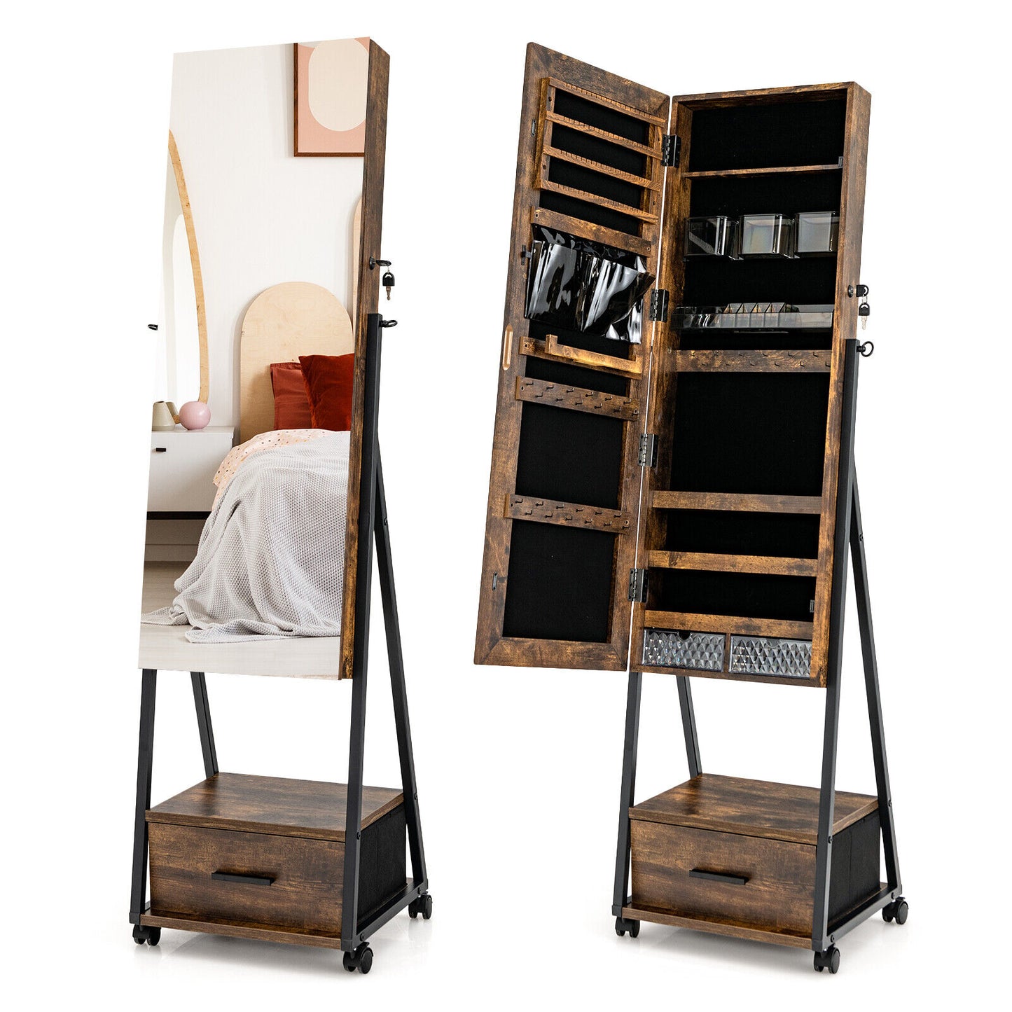 Jewelry Cabinet with Full Length Mirror and Storage Drawer