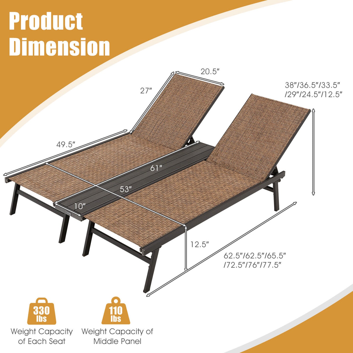 2-Person Patio Chaise Lounge with Adjustable Backrests