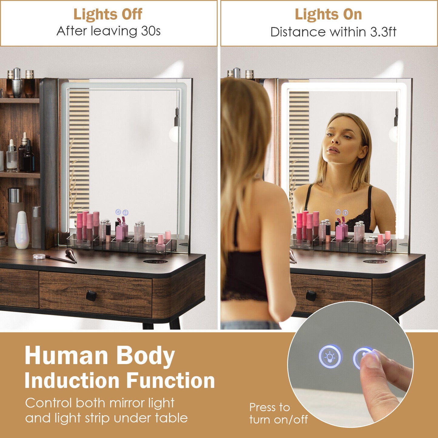 Lighted Vanity Makeup Table Set with Stool and Drawers