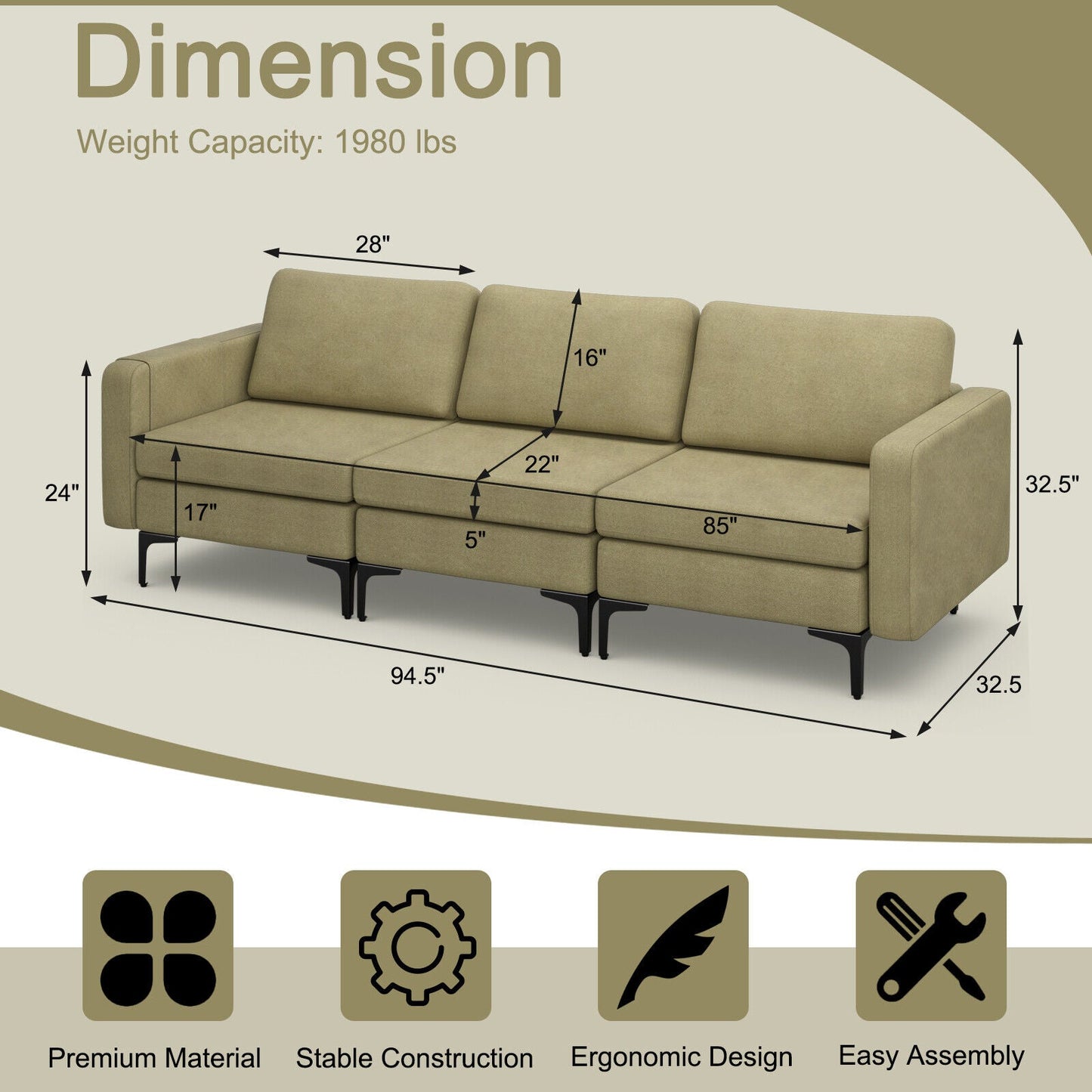 3-Seat Sectional Sofa Couch with Armrest Magazine Pocket and Metal Leg