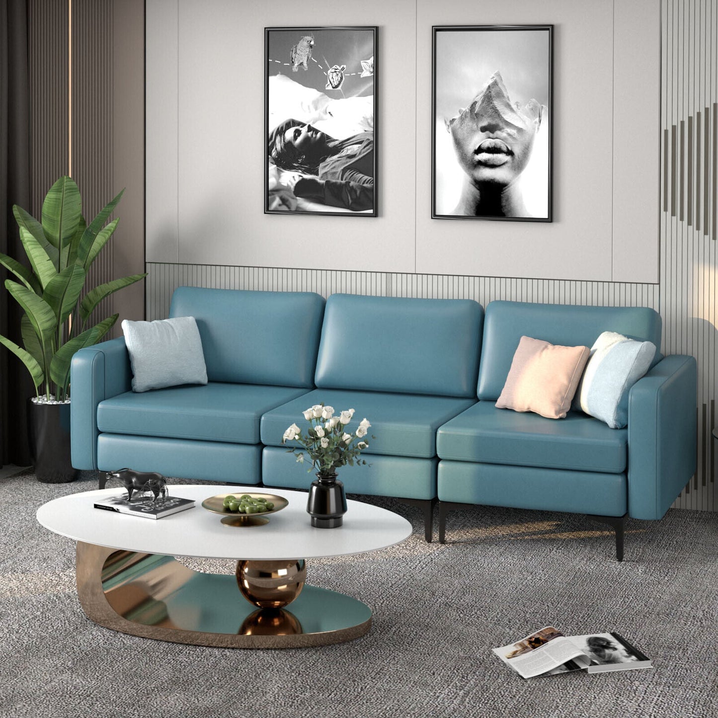 3-Seat Sectional Sofa Couch with Armrest Magazine Pocket and Metal Leg