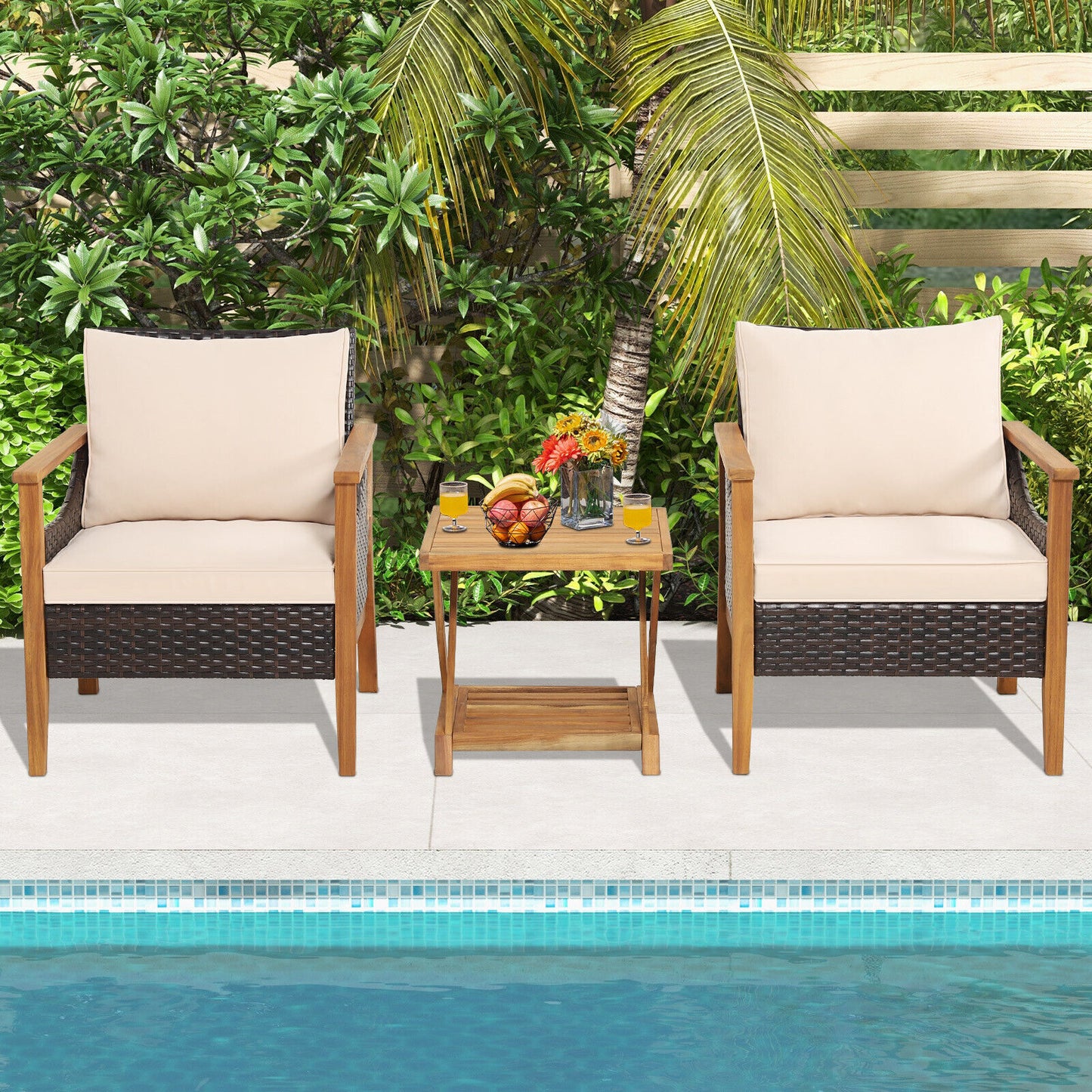 3-Piece Patio Conversation Set with Wicker Chairs & Side Table