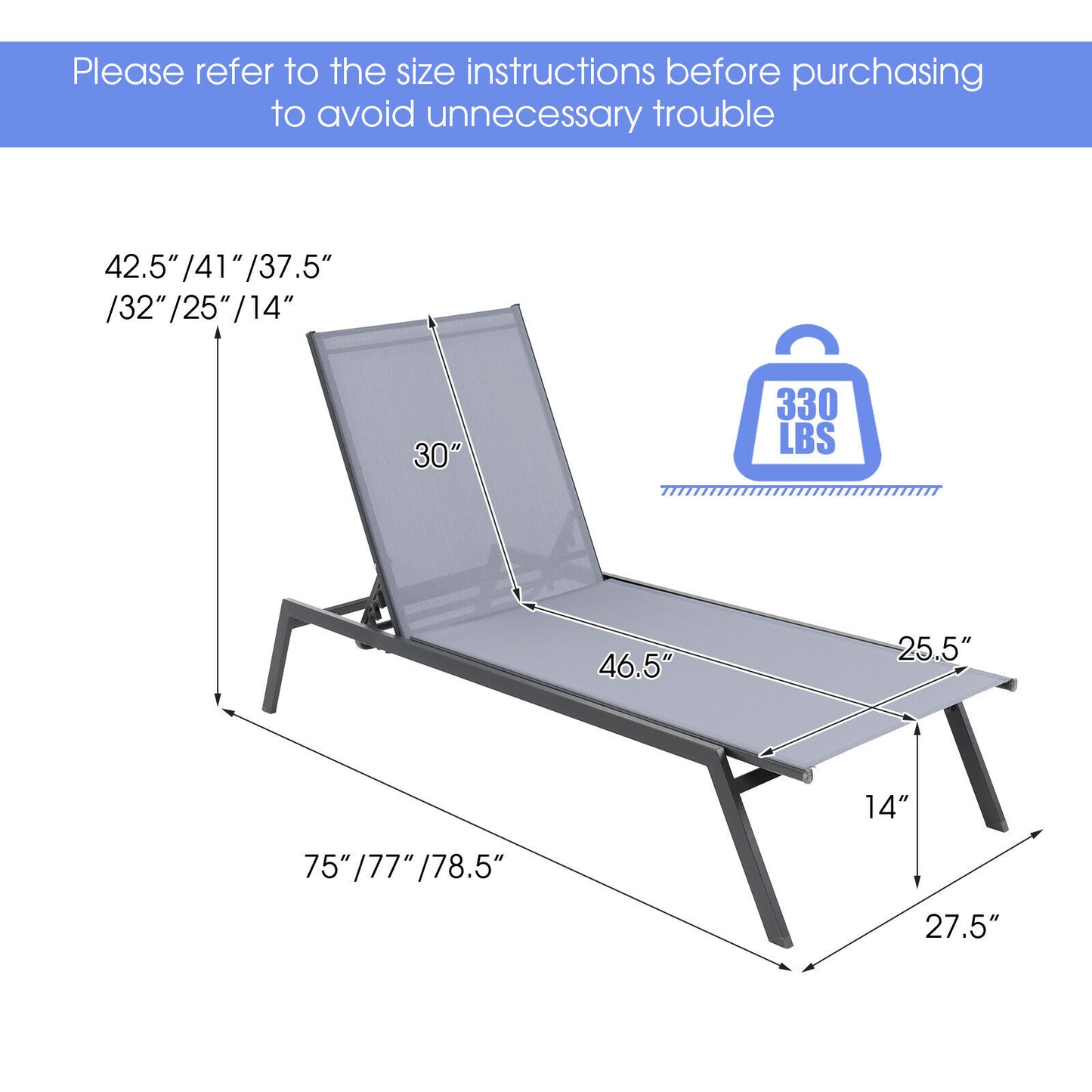 Adjustable Chaise Lounge Chair with 6-Position Backrest
