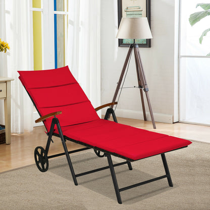 Folding Patio Chaise Lounge Chair with Wheels and Cushion