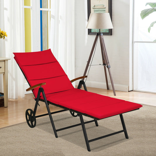 Folding Patio Chaise Lounge Chair with Wheels and Cushion