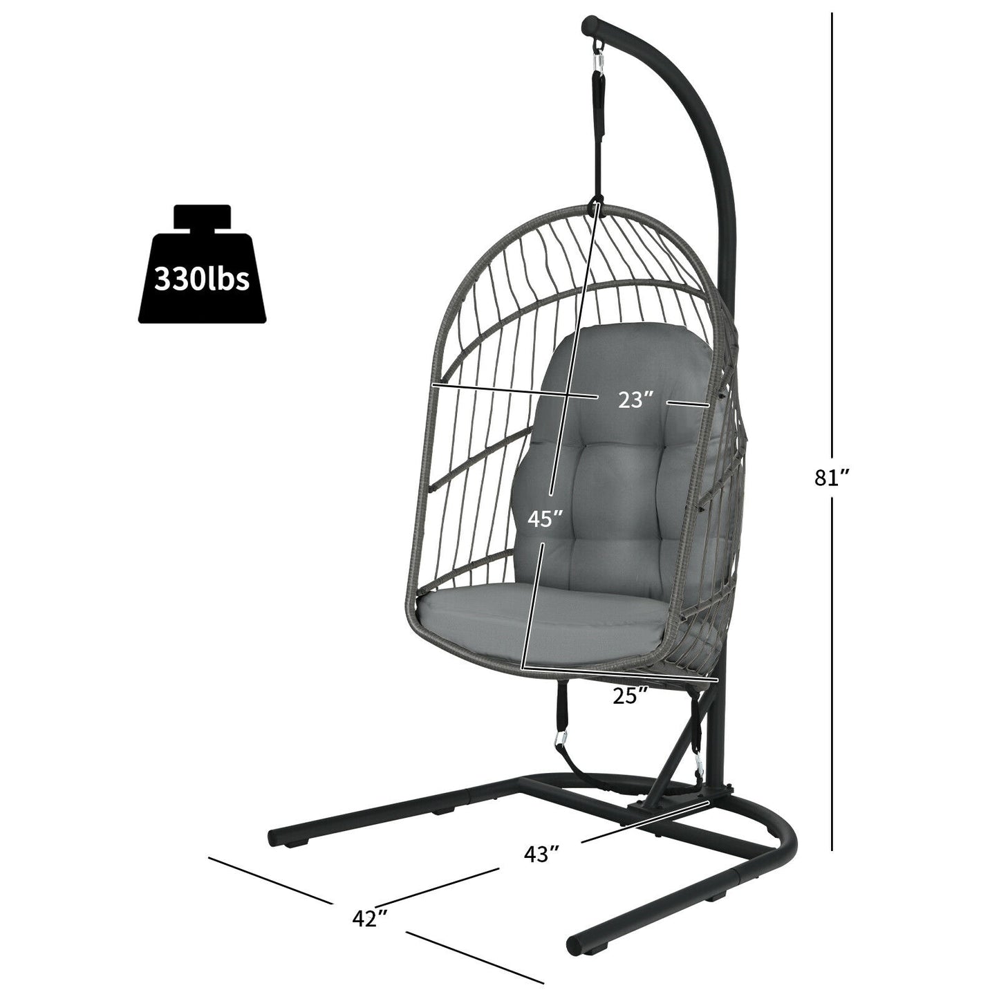 Hanging Egg Chair with Stand and Cushions - Gray